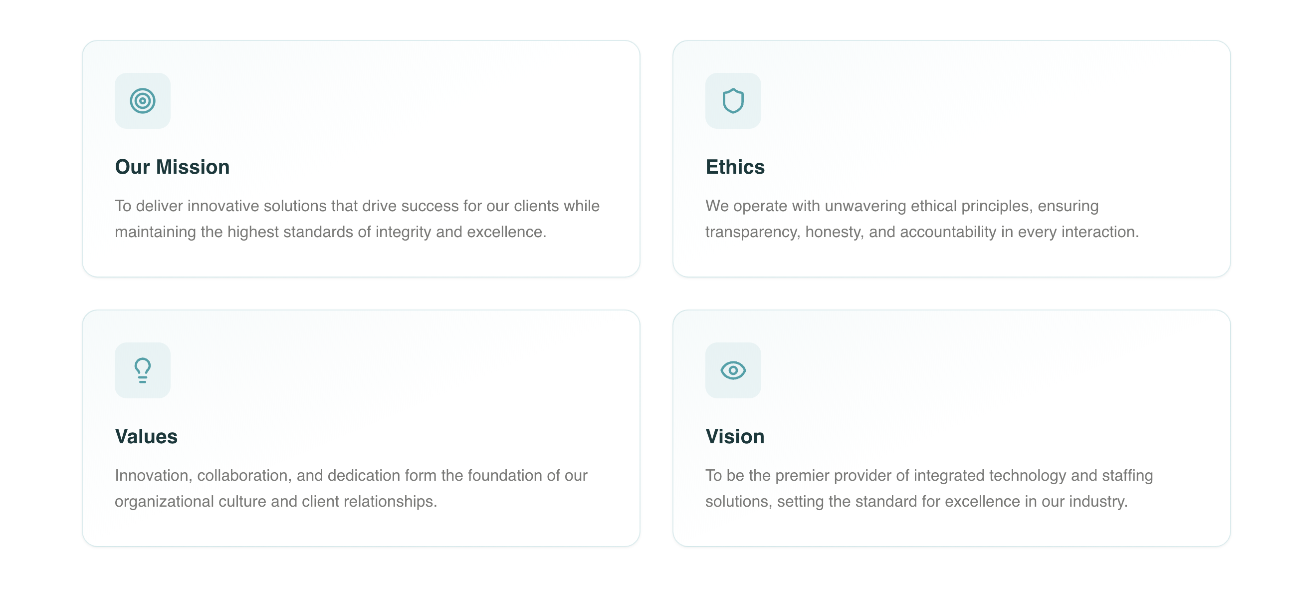 A page from the client's site: cards for mission, ethics, values, and vision.
