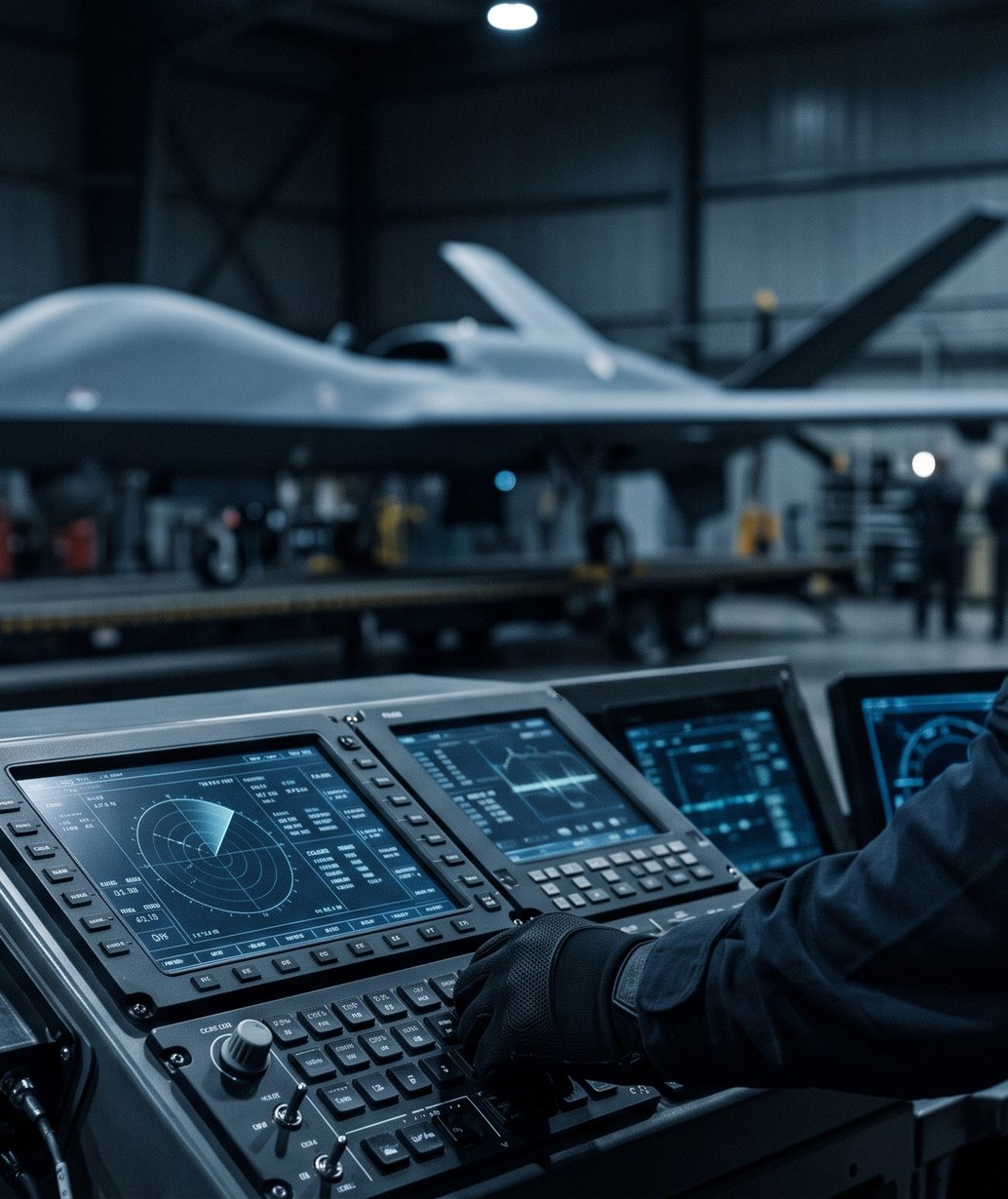 A technician at a control console in an aircraft hangar, a Canadian flag on their sleeve.